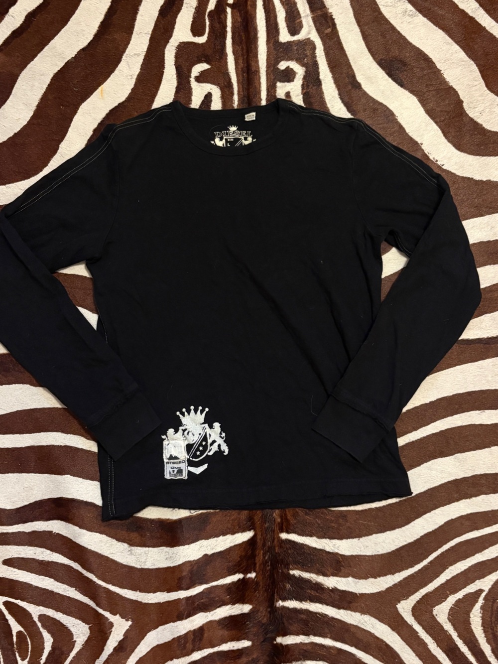 Diesel Black Long-Sleeve Crewneck with White Crest Graphic